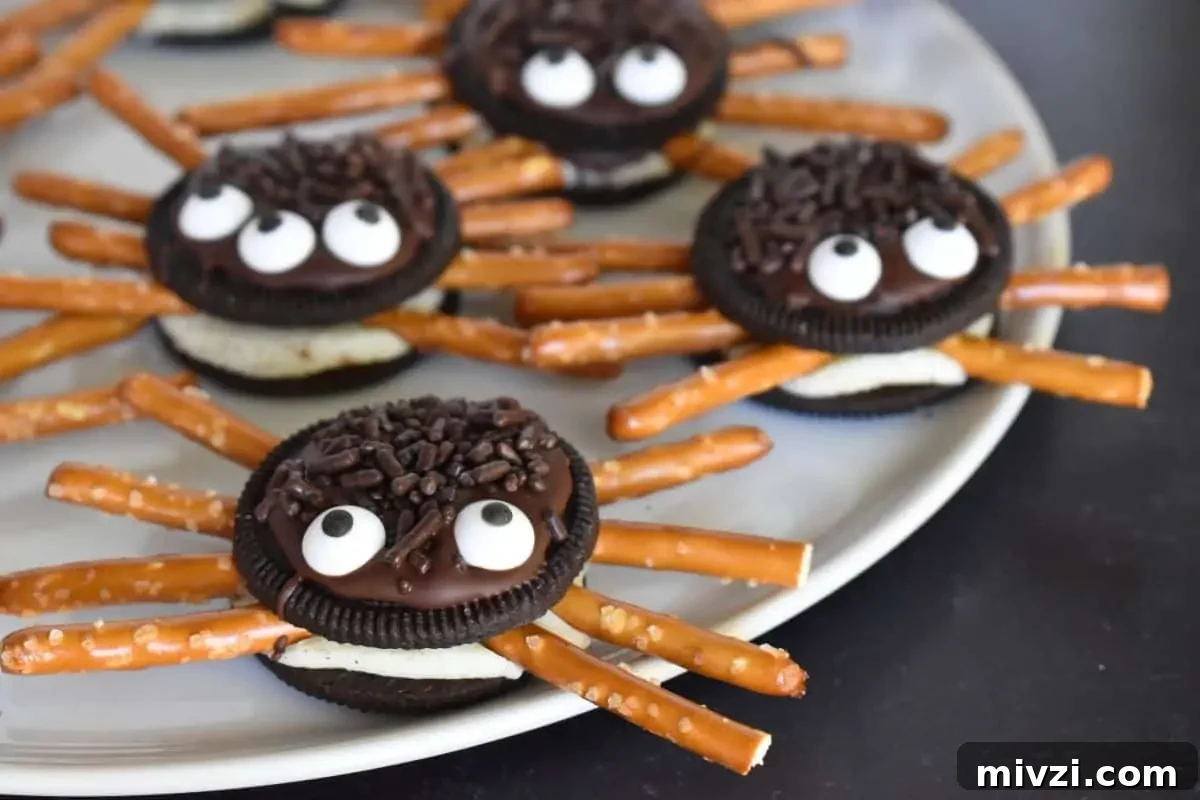 Oreo Spider Cookies: Fun Halloween Treat Recipe 7 Oreo Cookie Spiders on a white plate on a black background.