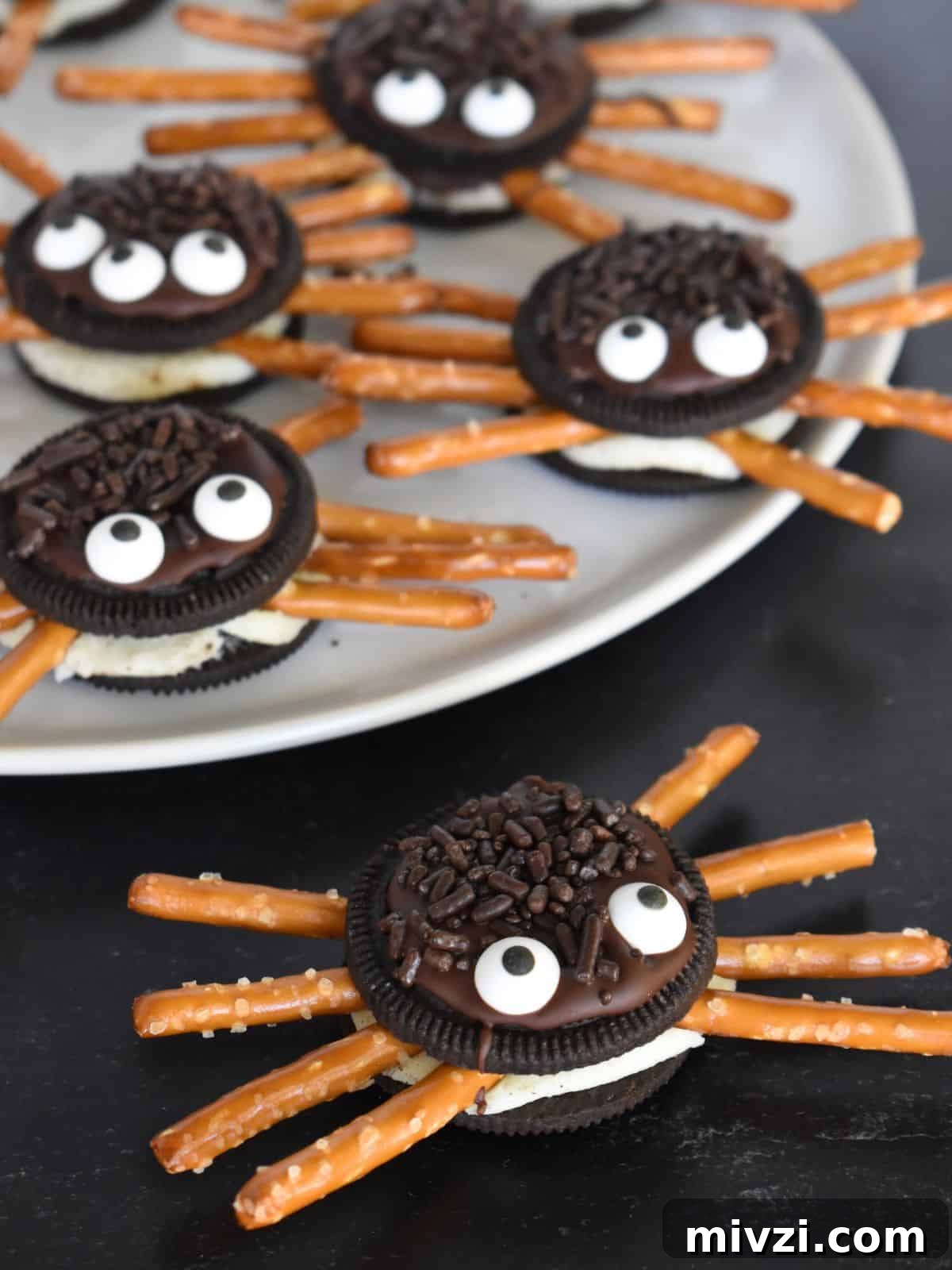 Oreo Spider Cookies: Fun Halloween Treat Recipe 8 Oreo Cookie Spiders are the perfect halloween treat with pretzel rod legs.