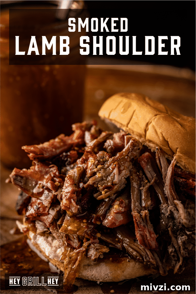 Shredded smoked pulled pork between buns with text overlay - Smoked Lamb Shoulder.