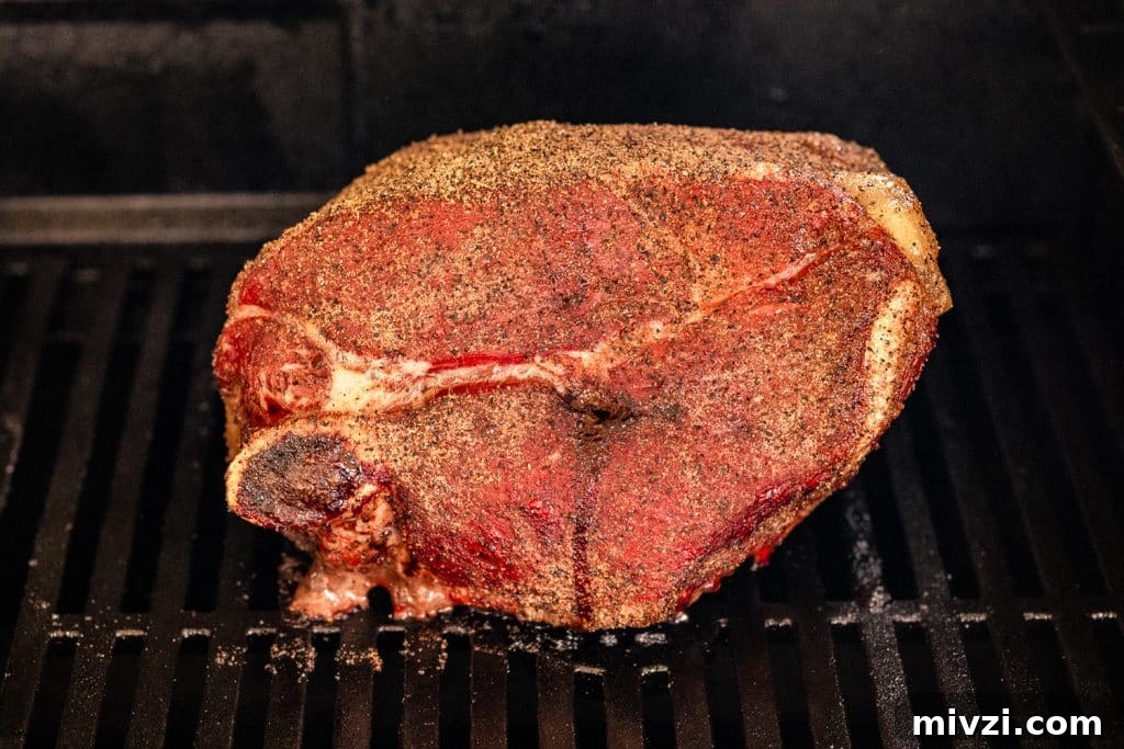 Seasoned lamb shoulder on the grill grates of a smoker.