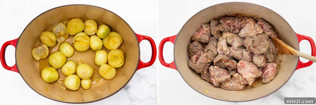 A collage of 2 images showing small onions cooked in olive oil in a red cast iron pot, and then beef chunks seared in the pot.