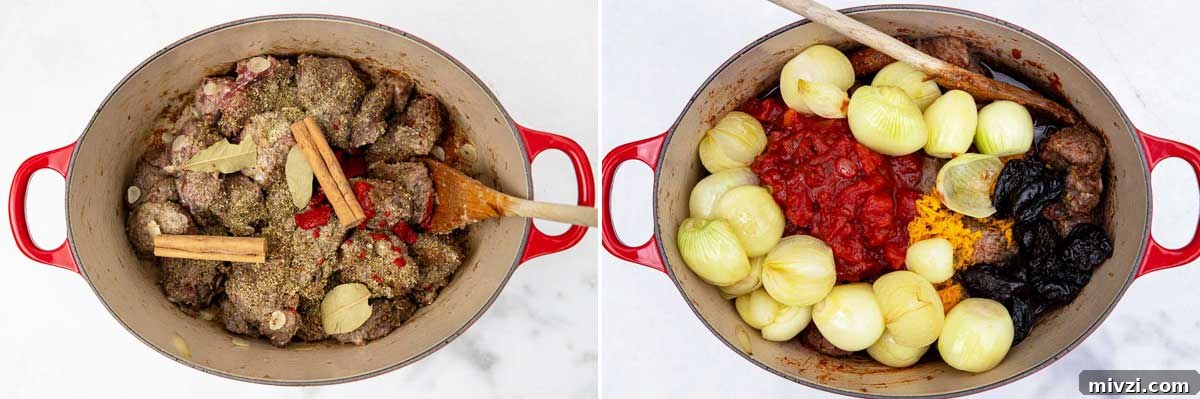 Collage of 2 images showing meat and spices for a Greek beef stew in a red cast iron pot, and then with onions, tomatoes and the rest of the ingredients added.