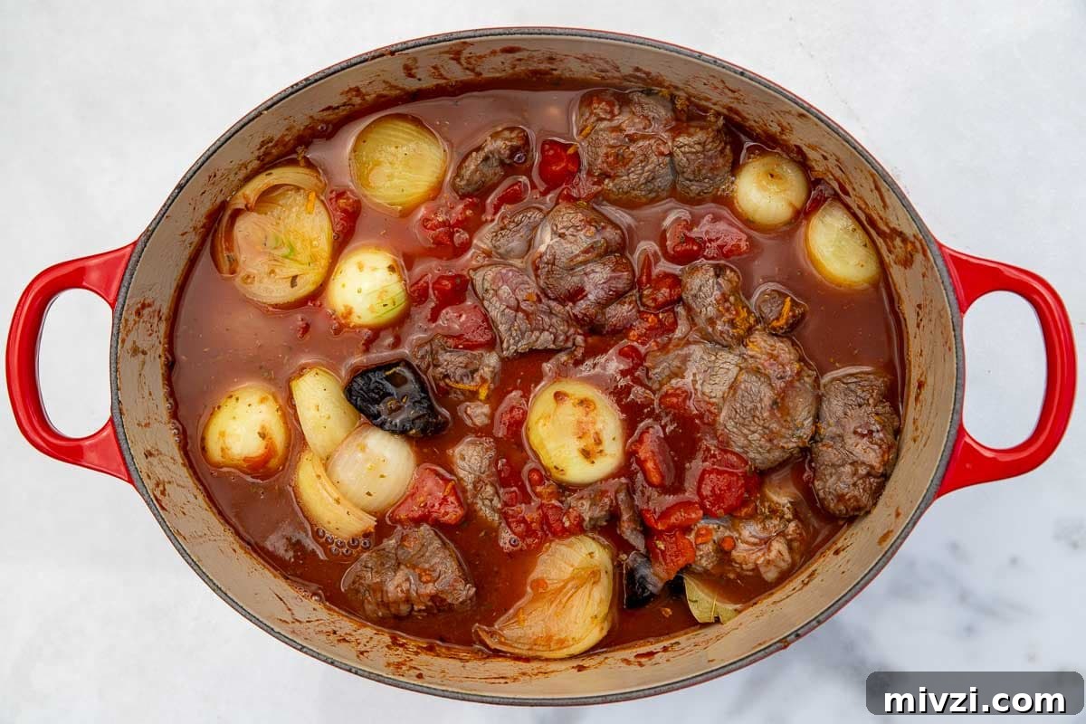 Overhead view of all the ingredients for a Greek beef stew or stifado in a red cast iron pot ready to cook.