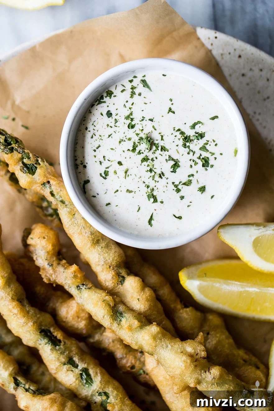 Crispy Asparagus Tempura with Tangy Horseradish Cream Sauce 6 Overhead photo of horseradish cream sauce in a white bowl
