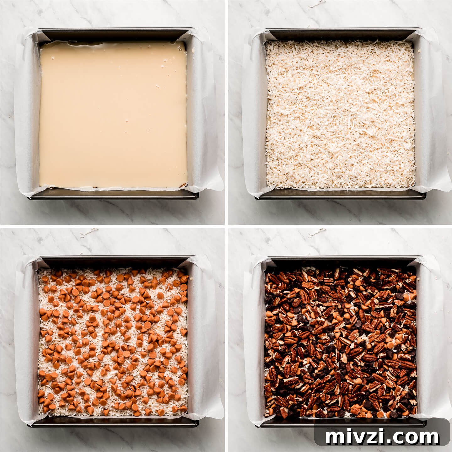 Pan lined with parchment showing sets of filling with sweetened condensed milk, coconut, butterscotch chips, chocolate, and nuts.