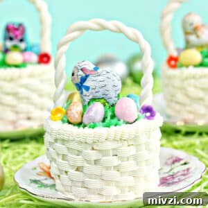 Easter Chocolate Push-Up Pops: Festive Treats for Kids 16 Three Easter Basket Cupcakes, each on small round plates, sitting on a bed of grass with Easter eggs scattered around.