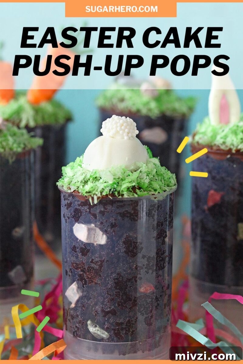 Easter Chocolate Push-Up Pops: Festive Treats for Kids 21 Pinterest collage showing Easter Push-Up Pops with text above that reads "Easter Cake Push-up Pops".