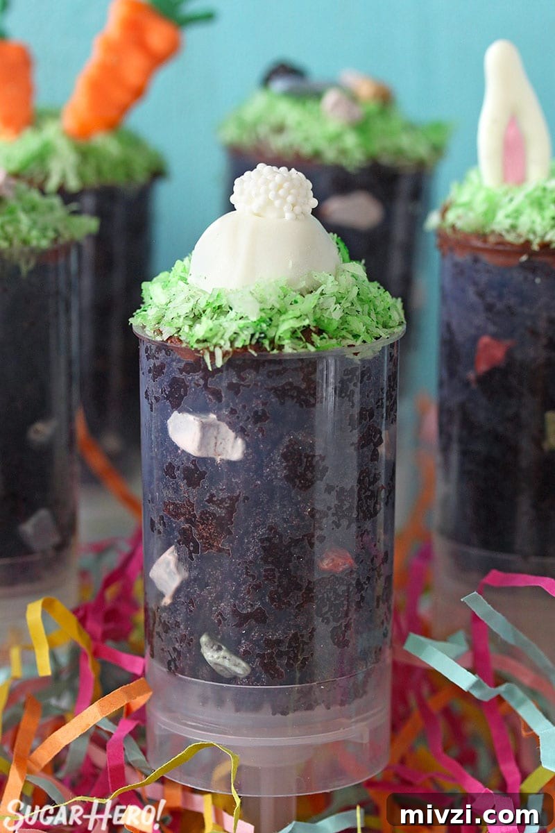 Easter Chocolate Push-Up Pops: Festive Treats for Kids 10 Close up of Easter Push-Up Pop with a white chocolate bunny but on the top of the push-up pop.