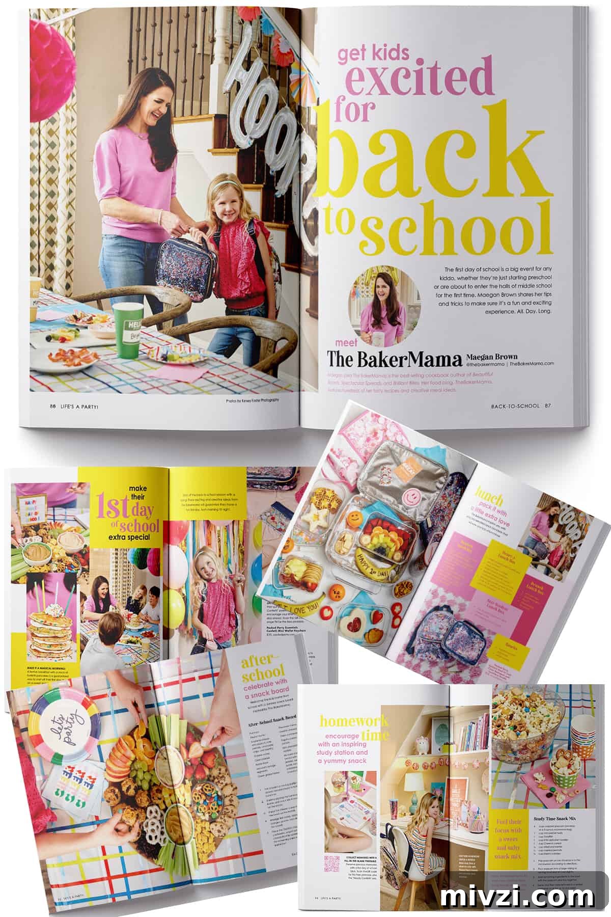 A collage of a magazine layout featuring school lunch boxes, first day of school celebrations and after school snacks.