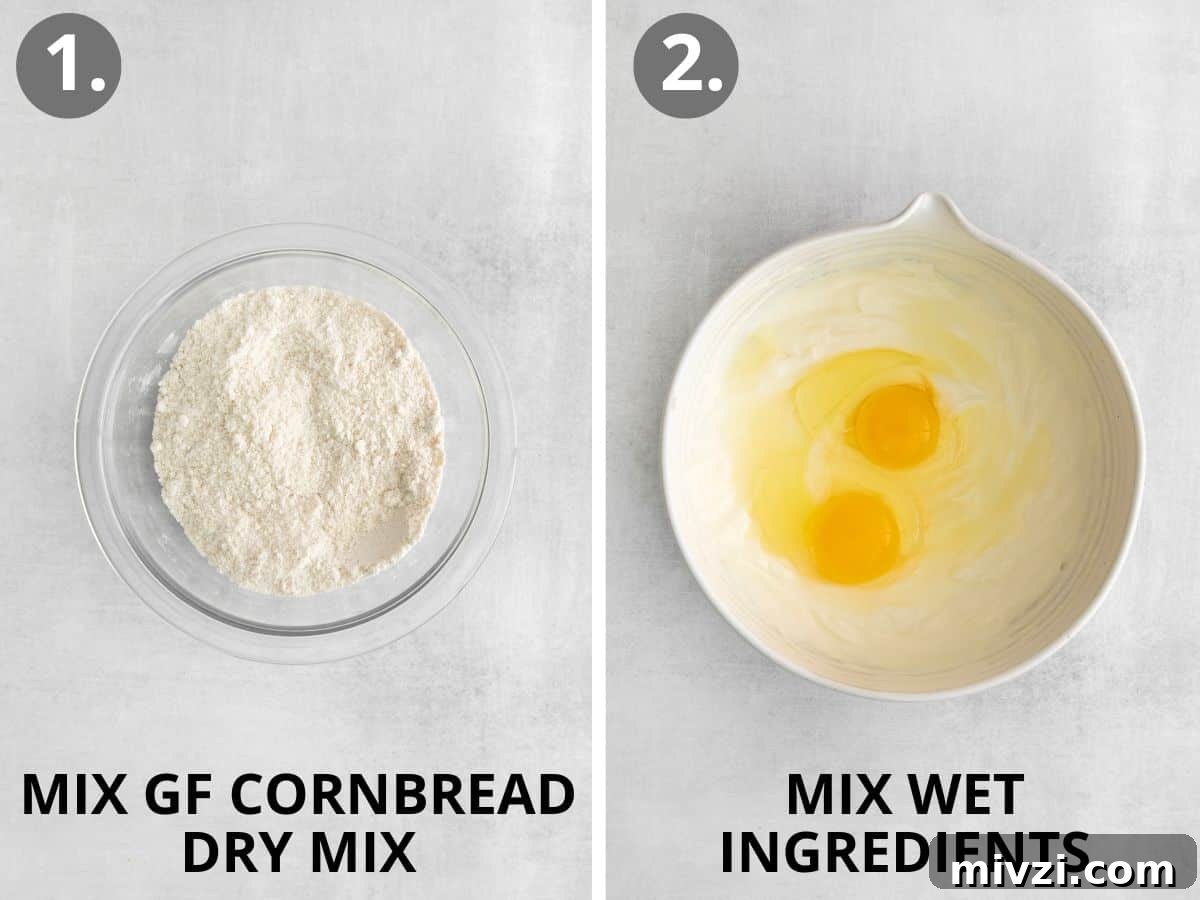 Cheesy Gluten-Free Corn Casserole Recipe for Every Occasion 5 cornbread dry mix in a bowl, and wet ingredients in a bowl