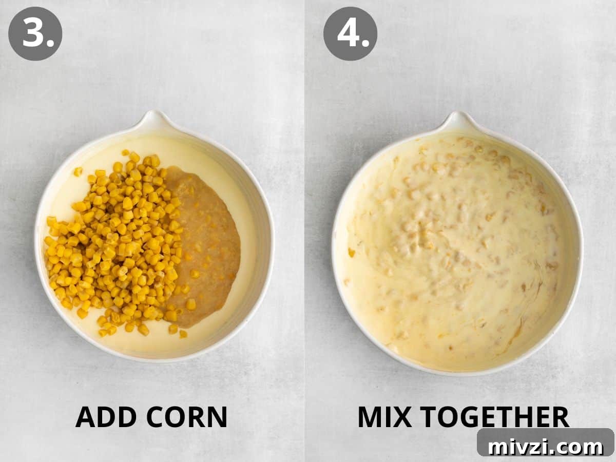 Cheesy Gluten-Free Corn Casserole Recipe for Every Occasion 6 Corn added to the bowl of wet ingredients, and a bowl of all the ingredients mixed together