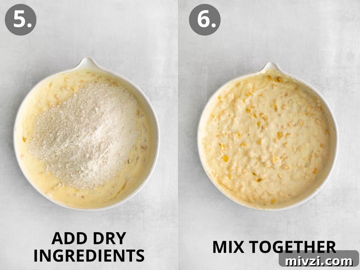Cheesy Gluten-Free Corn Casserole Recipe for Every Occasion 7 Dry ingredients poured on top of wet ingredients, and a bowl with everything mixed together
