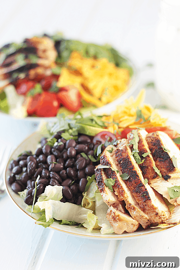 two bowls of chicken taco salad, one out of focus in the background and one in focus in the foreground