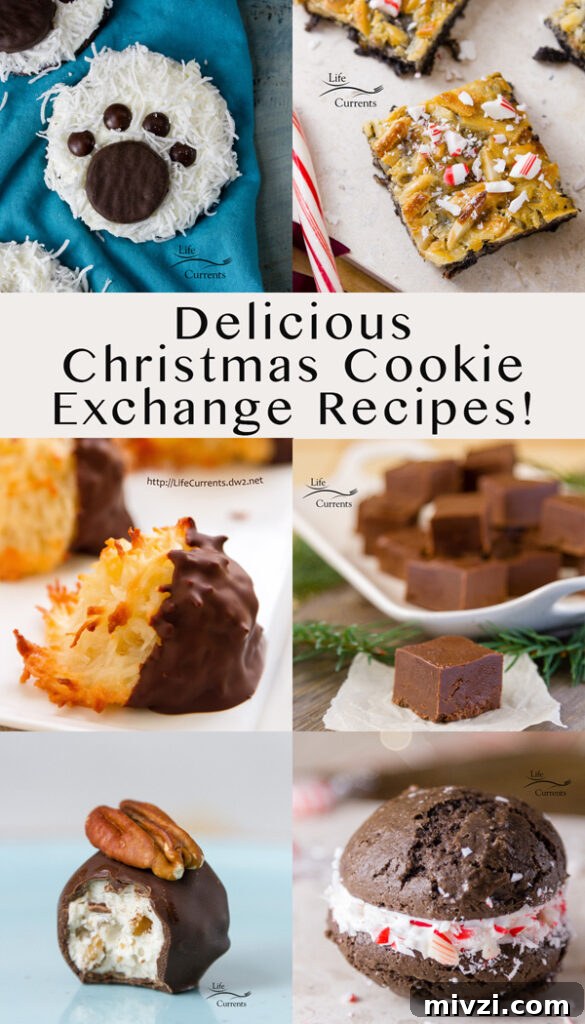Pinterest long pin collage for Christmas Cookie Exchange with 6 cookie and candy images 