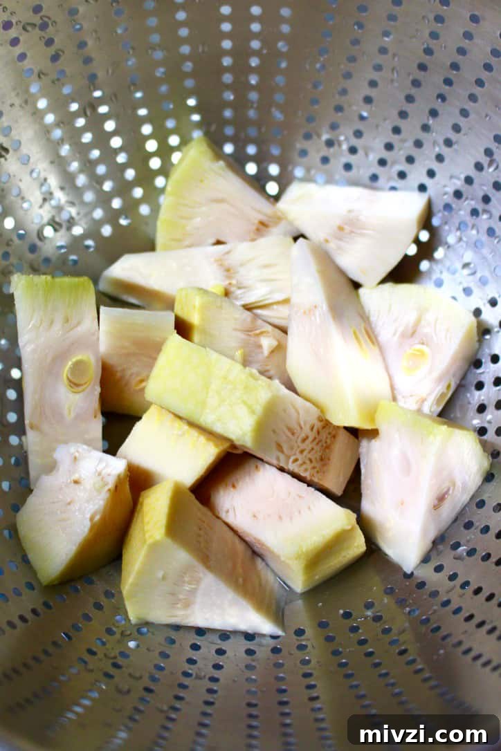 Vegan Japanese Cream Stew with Jackfruit: Creamy Plant-Based Recipe 5 Young green jackfruit taken out of the can