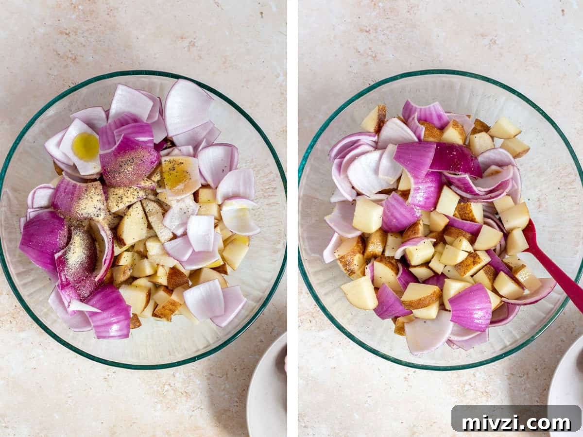 Set of two photos showing potatoes and red onions seasoned and coated in oil.