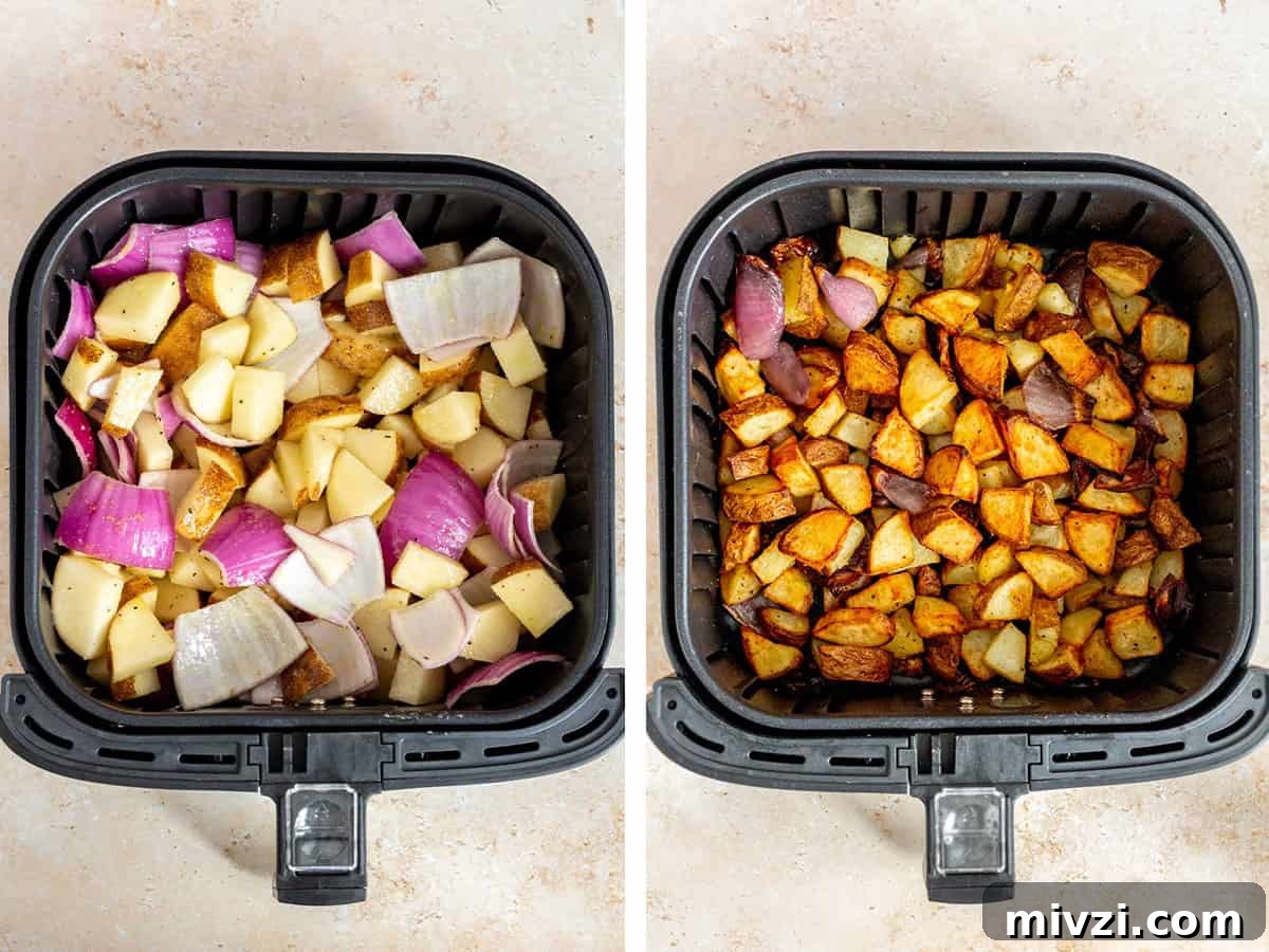 Set of two photos showing before and after potatoes and red onions are air fried.