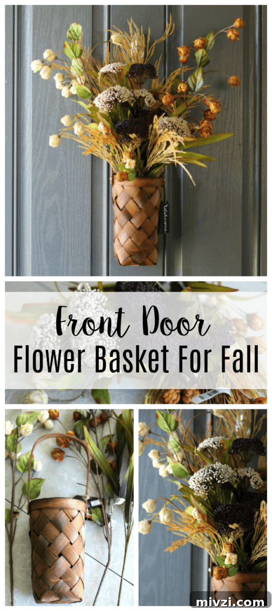 A stunning front door flower basket for fall that comes together in about 15 minutes using silk flowers and a basket! A stunning front door flower basket for fall that comes together in about 15 minutes using silk flowers and a basket! A fun twist on a typical wreath.