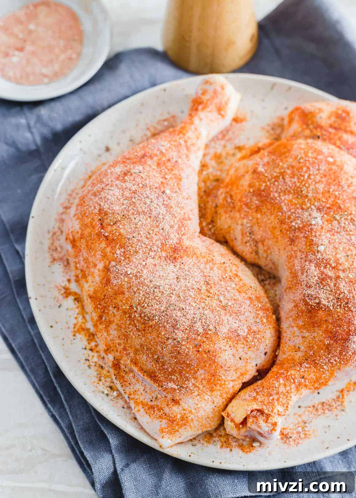 Seasoned chicken leg quarters on a plate. Seasoned chicken leg quarters on a plate.