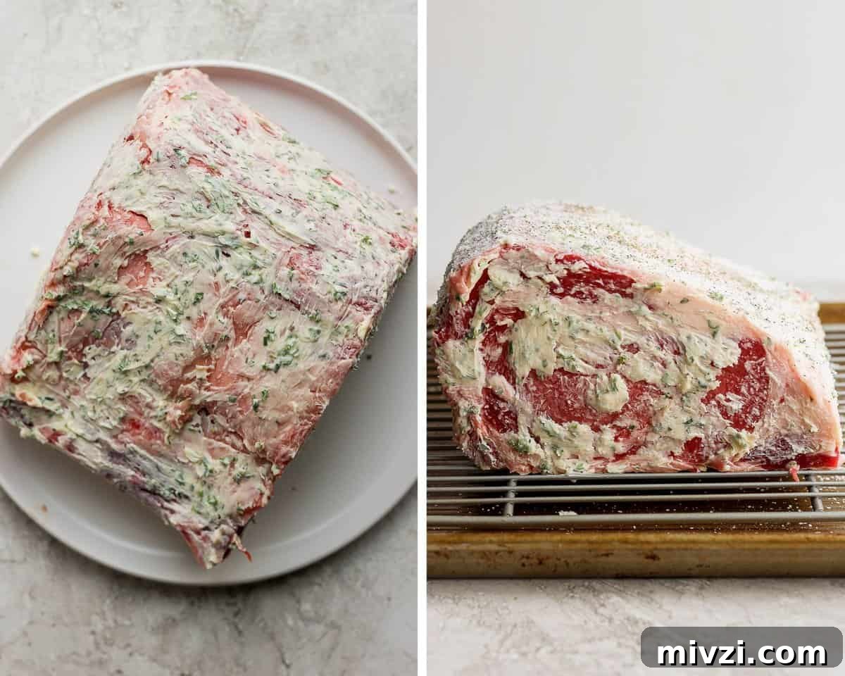 Two images with one showing the herbed butter on the prime rib on a plate and one with the prime rib on a wire rack.