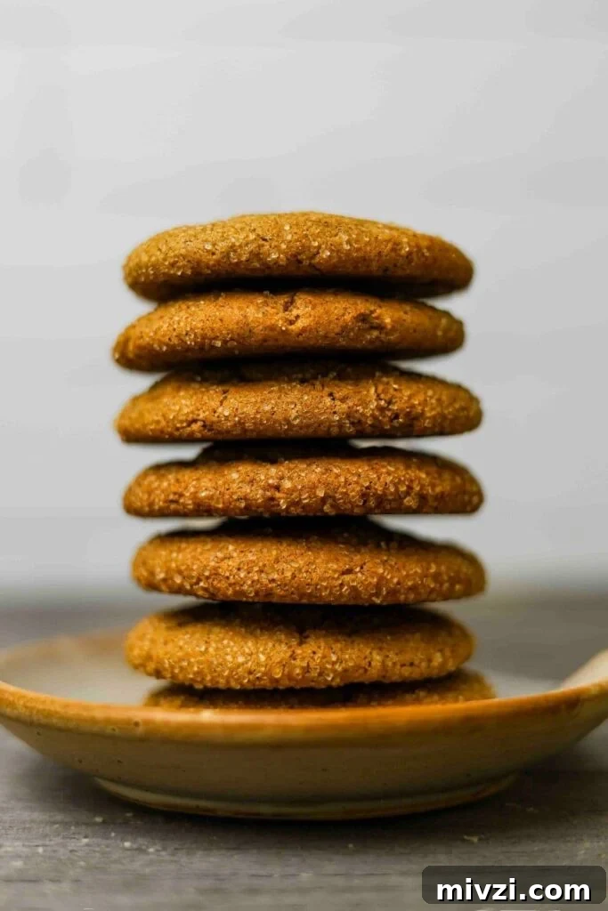 Sourdough Ginger Molasses Cookies with Spiced Chewy Texture 3 sourdough ginger molasses cookies stacked on small plate.