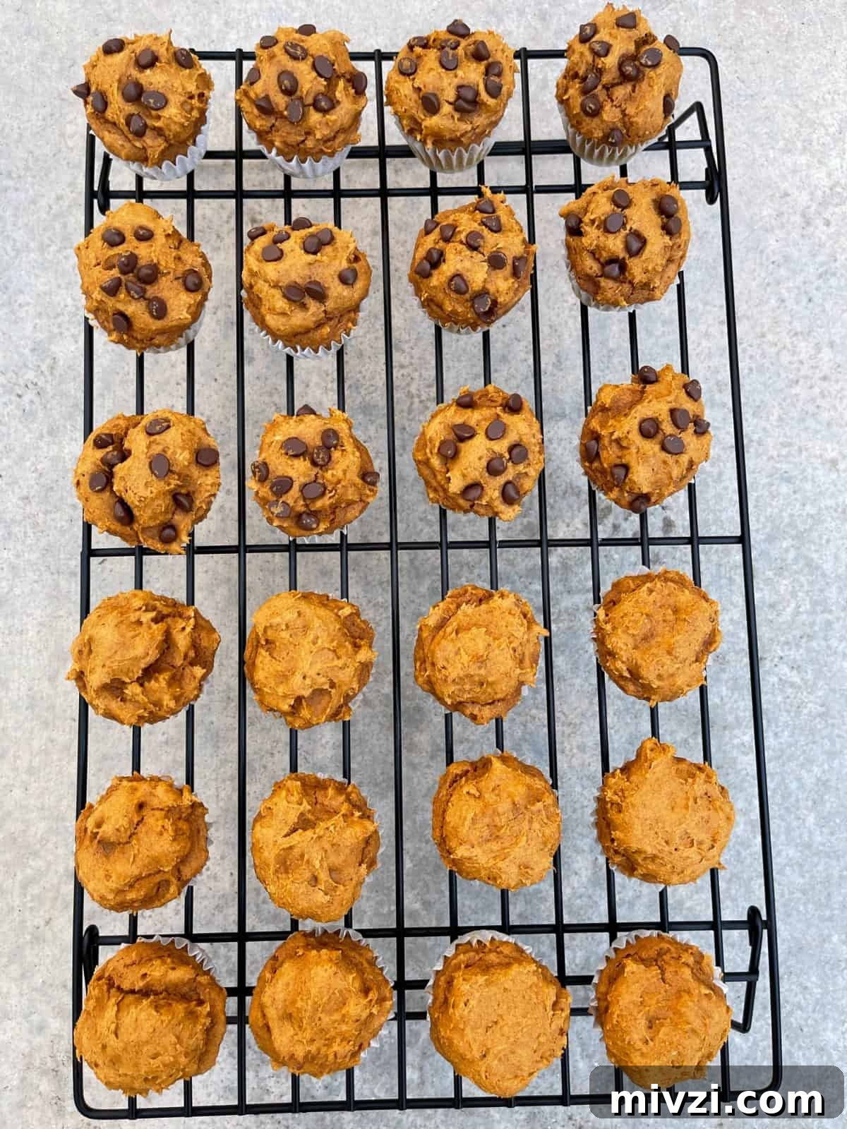 Pumpkin Spice Muffins Made from Cake Mix (Weight Watchers-Friendly) 7 Pumpkin spice cake mix muffins cooling in wire rack.