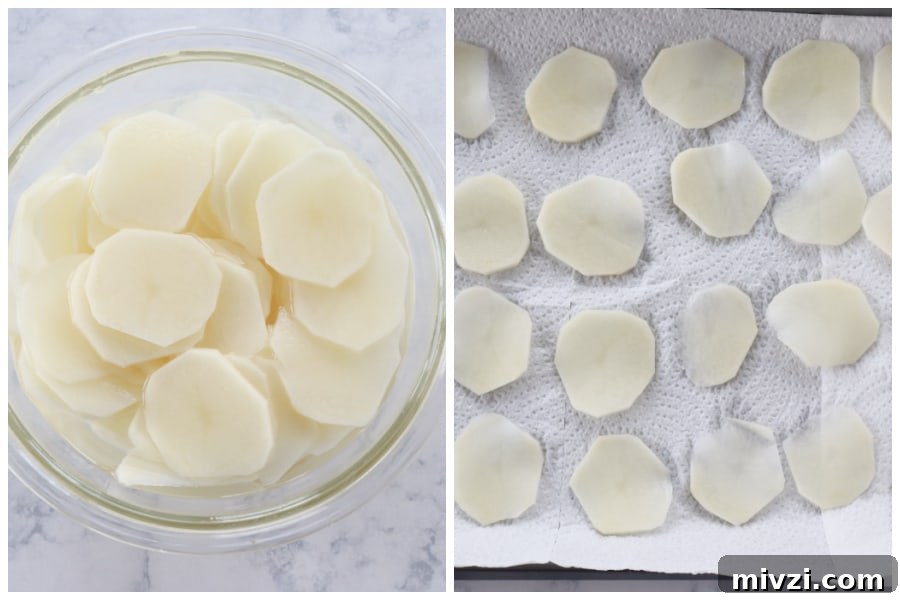 Potatoes in water and on paper towels.