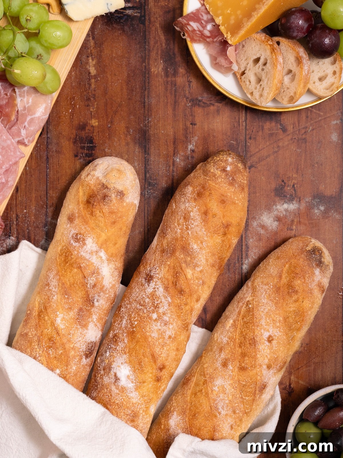 How to Make Classic Sourdough Baguettes at Home 13 Sourdough baguettes next to a charcuterie board with meats, cheeses, and grapes