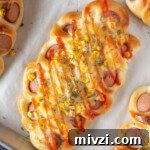 Korean Sausage bread on the pan close up.