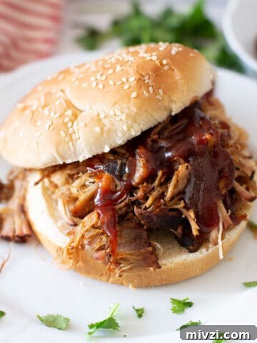 Close up view of pulled pork sandwich on a plate.
