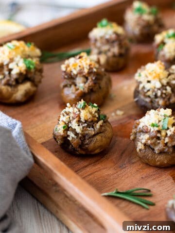 Close up of a mushroom stuffed with sausage and cheese.