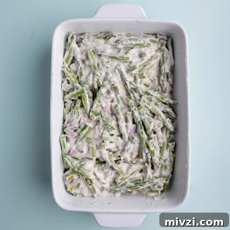 Cheesy Baked Asparagus Casserole Recipe with Crispy Top 20 Asparagus, garlic, and shallots tossed in cream of mushroom soup