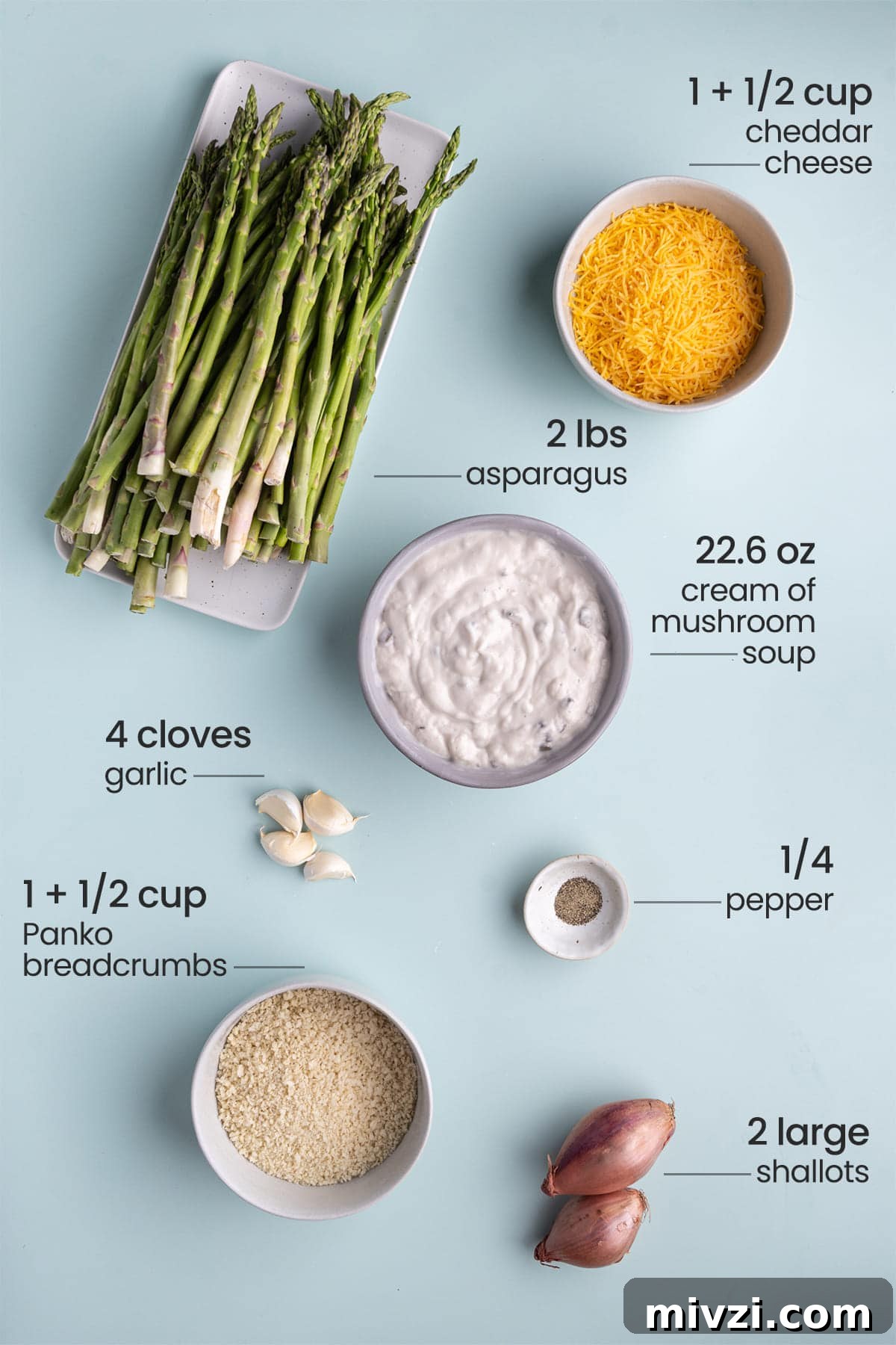 Cheesy Baked Asparagus Casserole Recipe with Crispy Top 3 All ingredients needed for Asparagus Casserole including asparagus, cheddar cheese, cream of mushroom soup, garlic, pepper, Panko, and shallot