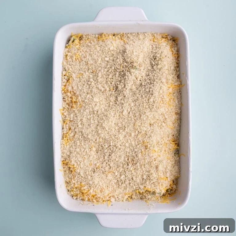 Cheesy Baked Asparagus Casserole Recipe with Crispy Top 22 Asparagus casserole topped with Panko breadcrumbs ready for the oven