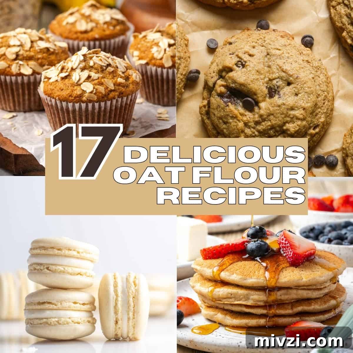 A collage of four photos of recipes made with oat flour. 