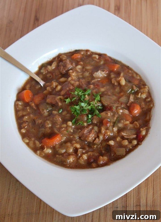 Slow Cooker Beef Barley Soup by Nutmeg Nanny A hearty slow cooker beef barley soup will stick to your bones and keep you full all winter long. It's packed full of vegetables, barley and beef.