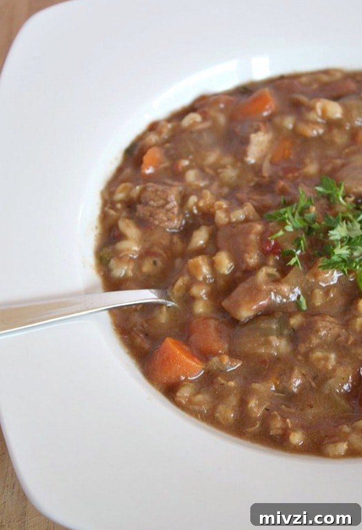 Slow Cooker Beef Barley Soup by Nutmeg Nanny A hearty slow cooker beef barley soup will stick to your bones and keep you full all winter long. It's packed full of vegetables, barley and beef.