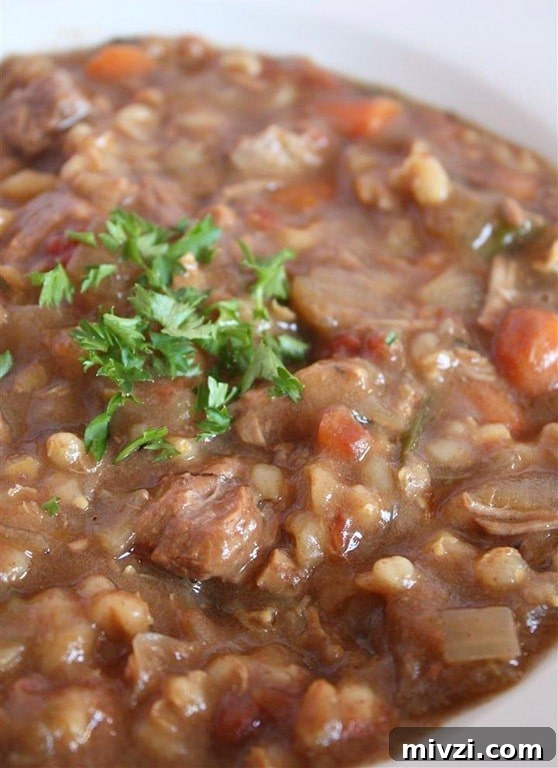 Slow Cooker Beef Barley Soup by Nutmeg Nanny A hearty slow cooker beef barley soup will stick to your bones and keep you full all winter long. It's packed full of vegetables, barley and beef.