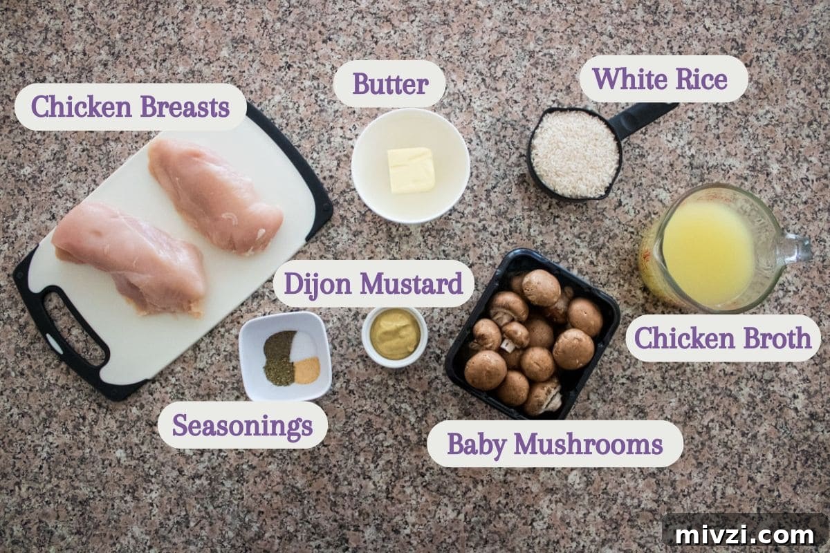 Top-down view of labeled ingredients on a countertop: chicken breasts, white rice, butter, Dijon mustard, baby mushrooms, chicken broth in a measuring cup, and seasonings in small bowls.