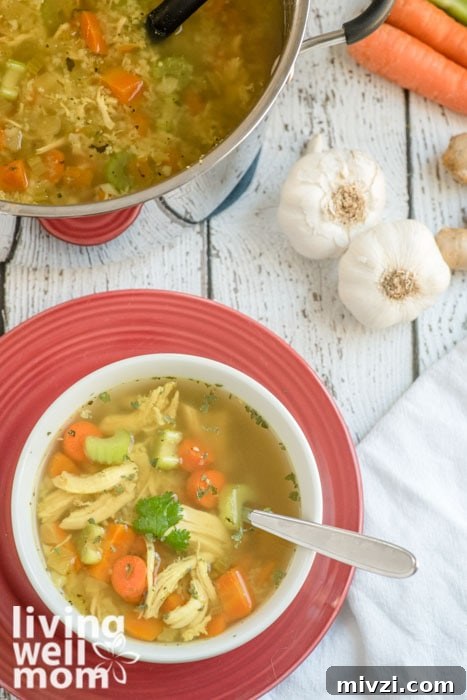 Bowl of paleo chicken soup with garlic in the background