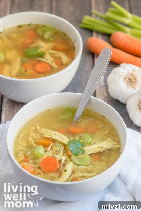 2 bowls of paleo soup with chicken, garlic, carrots, and celery