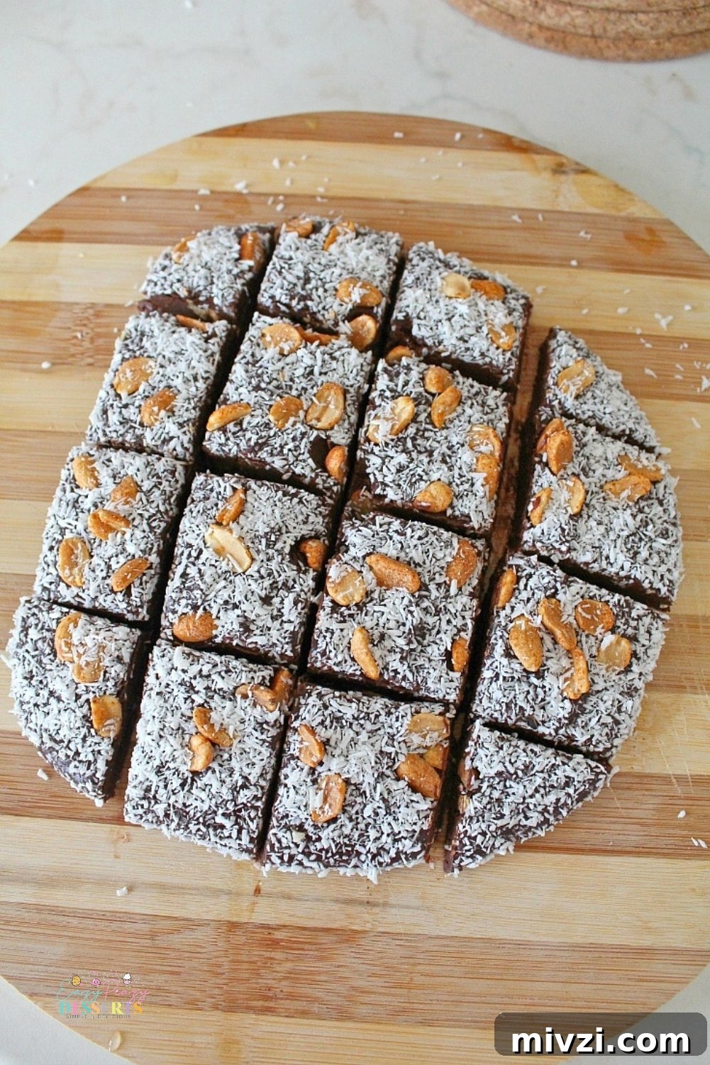 Over head image of microwave chocolate fudge decorated with coconut and nuts