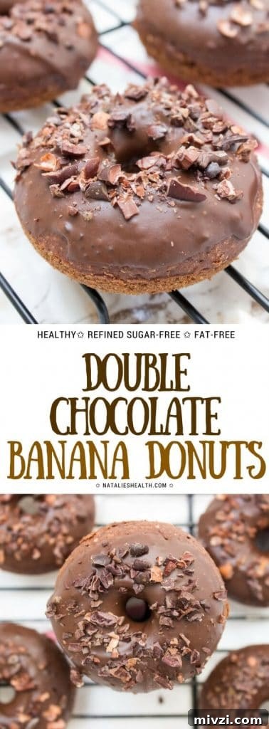 Double Chocolate Banana Donuts Recipe for Decadent Homemade Treats 8 Soft, sweet and absolutely irresistible, Double Chocolate Banana Donuts are one delicious guilt-free treat. These donuts are oven baked (not fried), made with whole grains and refined SUGAR-FREE. Easy to make too! #donuts #breakfast #healthy #healthylife #healthyrecipe #kidsfriendly #chocolate #healthylifestyle | NATALIESHEALTH.com