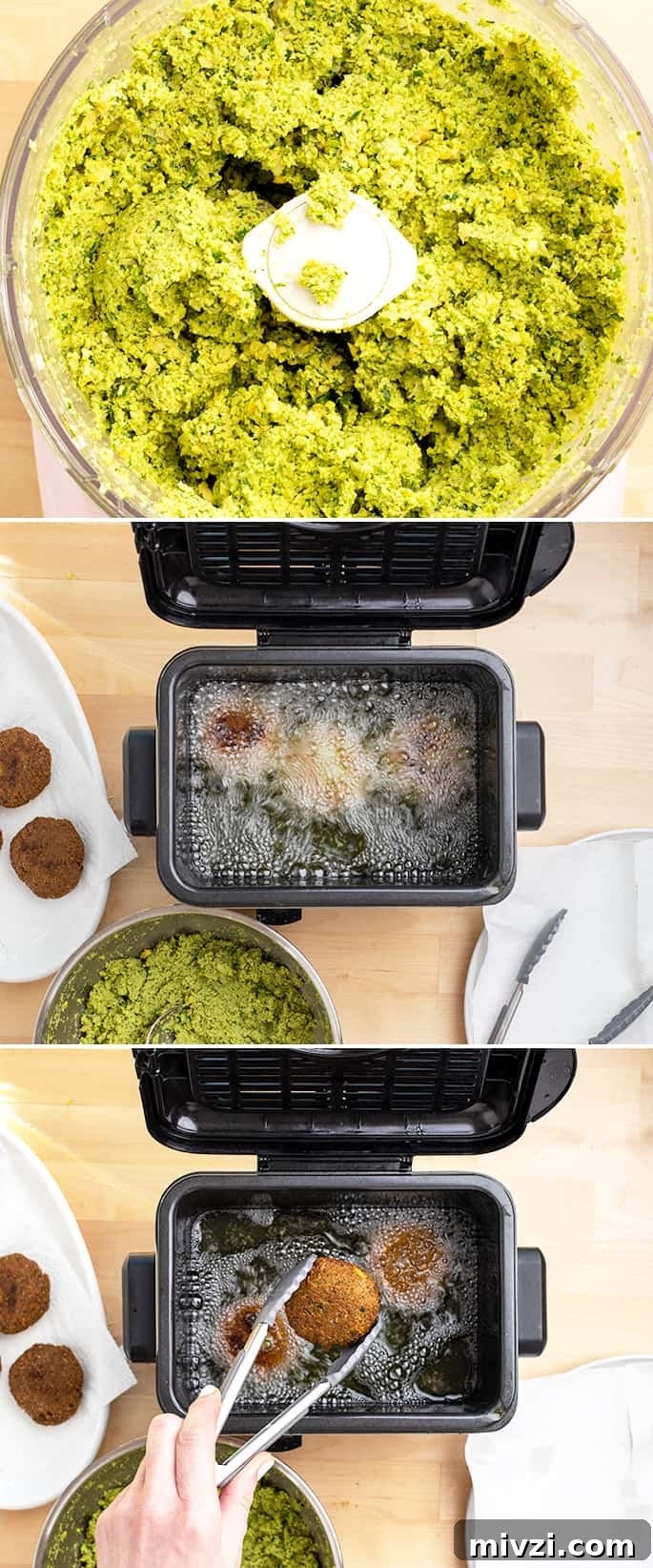 Raw falafel dough in a food processor, falafel frying in oil, and being lifted from frying oil