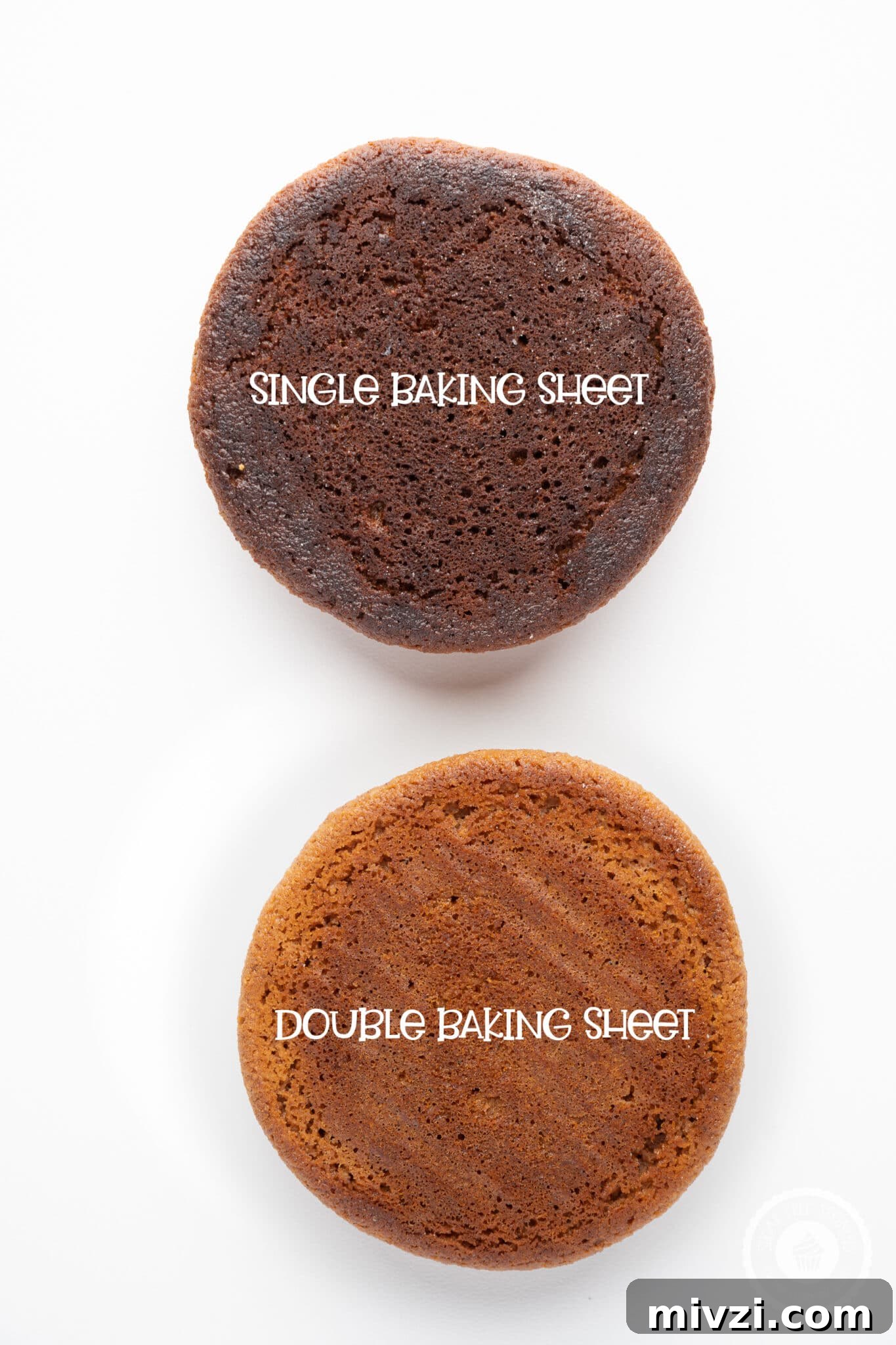 Soft Keto Gingerbread Cookies: Chewy Low-Carb Holiday Treat 12 The bottom of two finished cookies - one labelled "Single baking sheet" has a dark brown almost burned bottom, while the one labelled "double baking sheet" is gloriously golden.