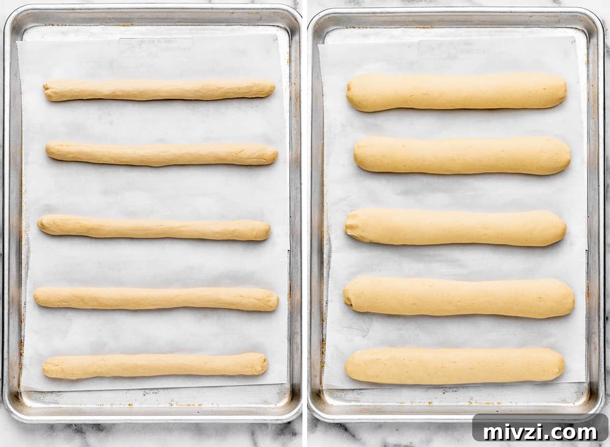 Crispy Homemade Breadsticks Recipe for Perfect Dinner Sides 10 two photos showing How to Make Breadsticks - formed breadsticks on a baking sheet before and after rising the second time