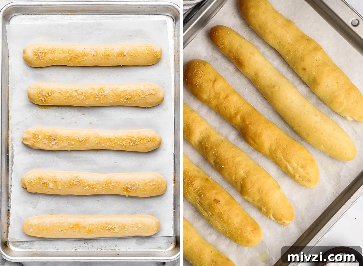 Crispy Homemade Breadsticks Recipe for Perfect Dinner Sides 11 two photos showing How to Make Breadsticks - breadsticks before and after baking