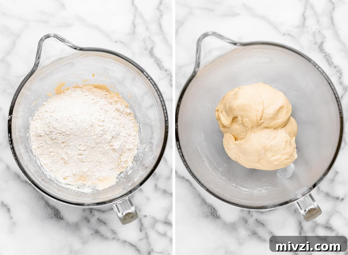 Crispy Homemade Breadsticks Recipe for Perfect Dinner Sides 8 two photos showing How to Make Breadsticks - adding more flour and the dough after kneading into a ball