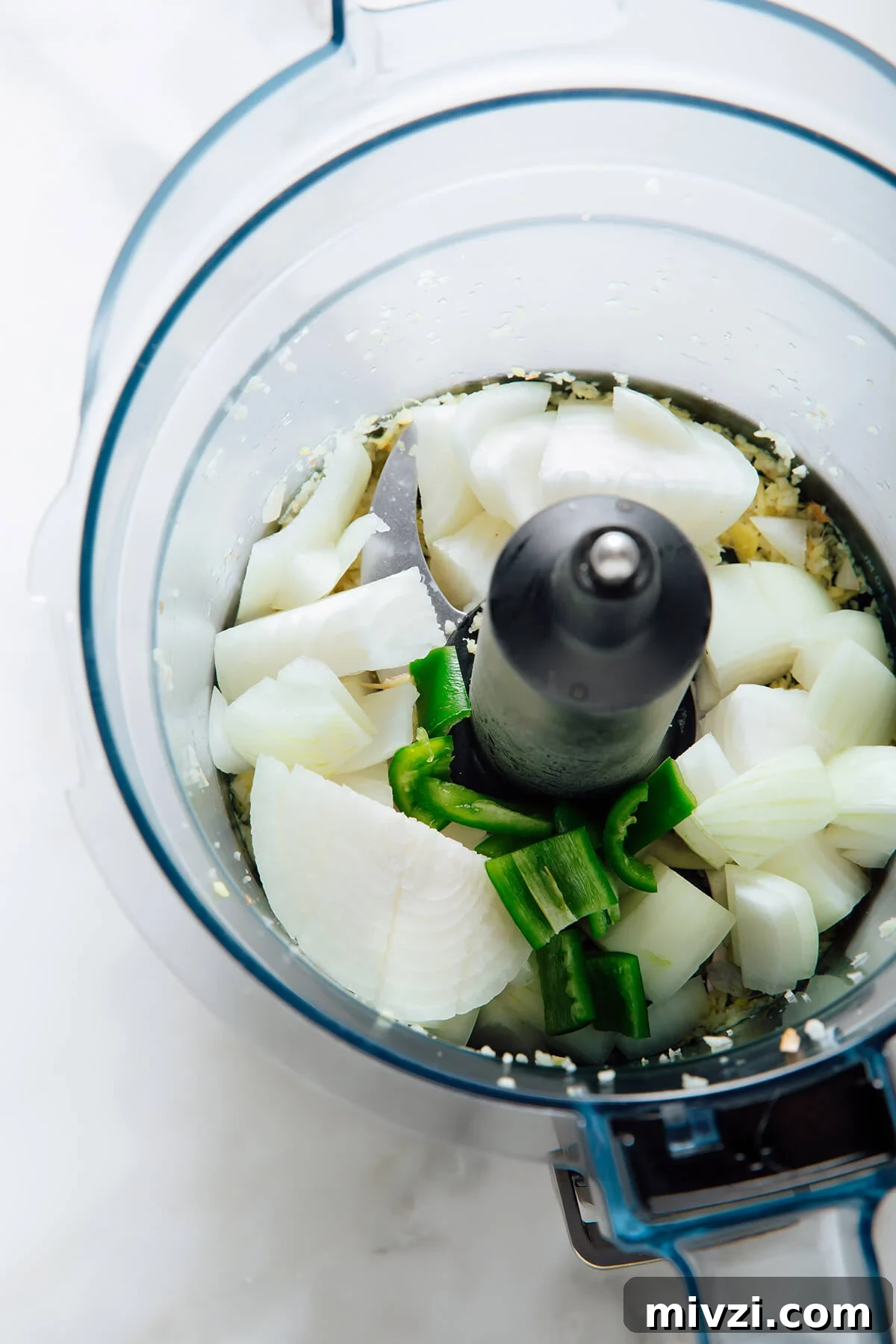 garlic, onion and serrano chili pepper in food processor