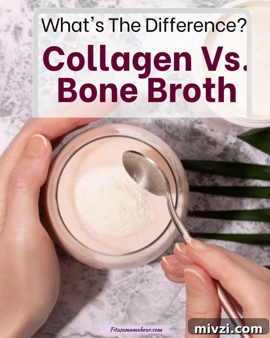 Pin image with text: a glass jar with white collagen powder and a scoop dipping into it